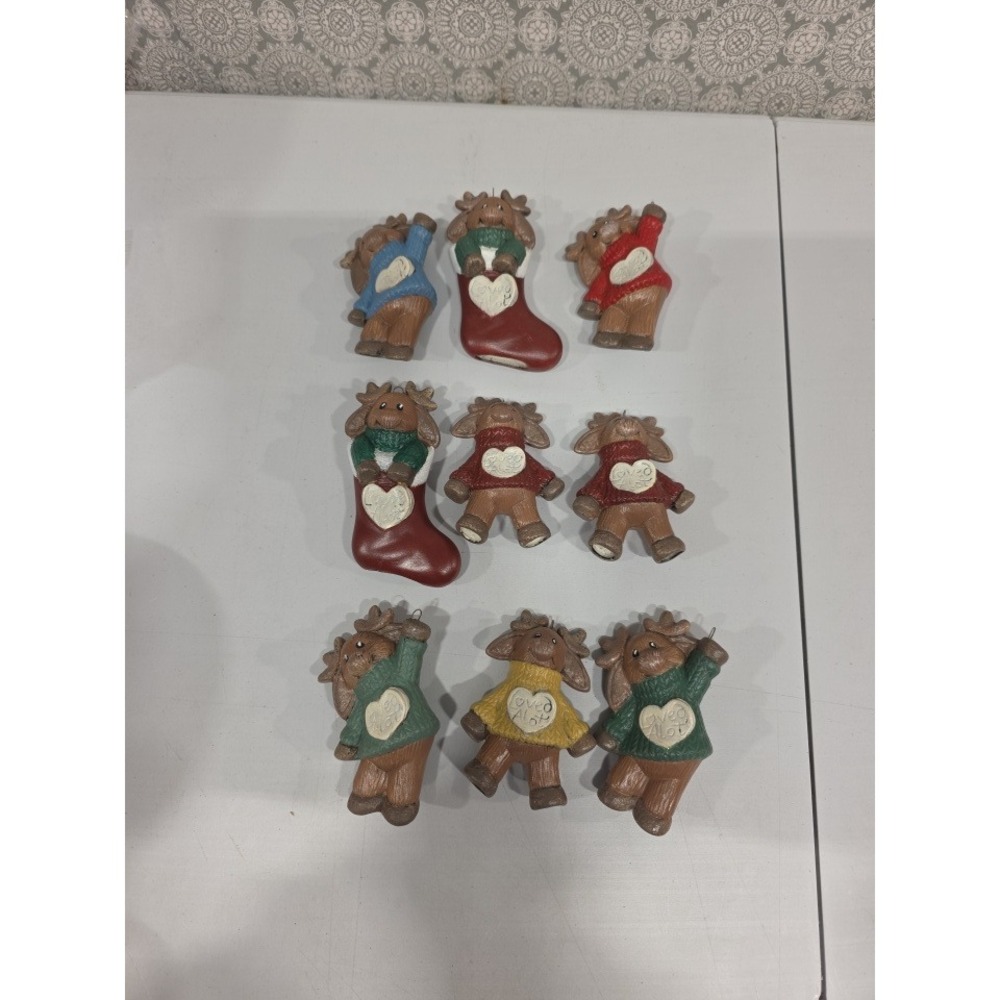 Set of 9 Christmas Moose/Bears Ornaments‎ Sweaters Hearts Stocking Shaped Loved